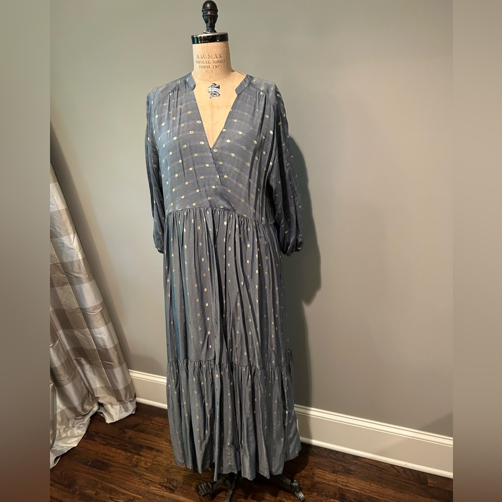 Anthropologie Slate Blue and Gold maxi dress